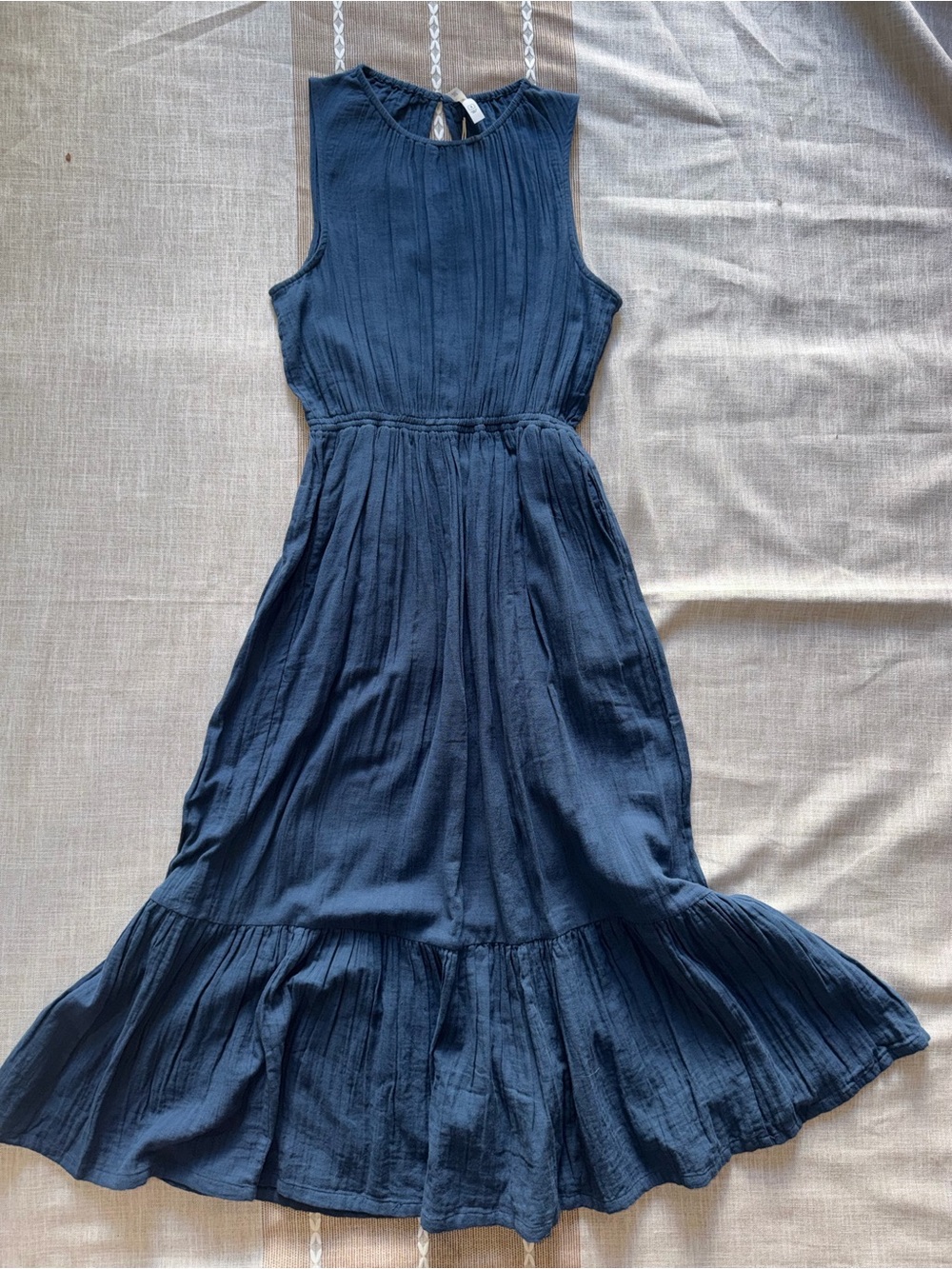 Pact. NWT Coastal Tiered Sleeveless Blue Midi Ruffle-Hem Dress